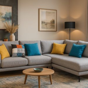 Canapé d’angle scandinave FLAVIO – Gris clair et coussins colorés